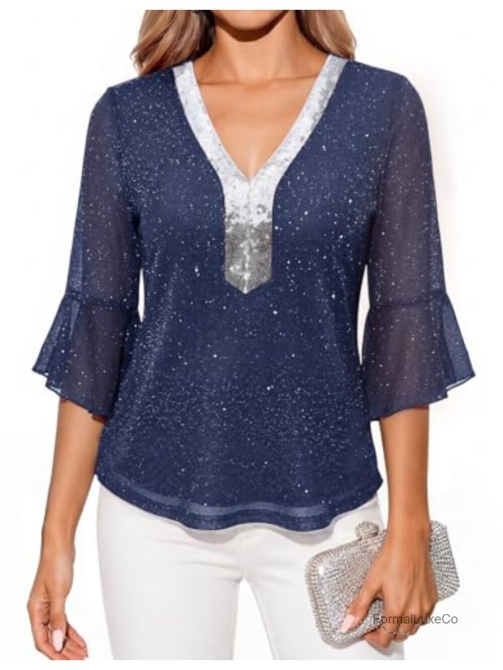 Sequin Tunic Top 3/4 Sleeve V-Neck Sparkly Blouse Shirt Women's Formal